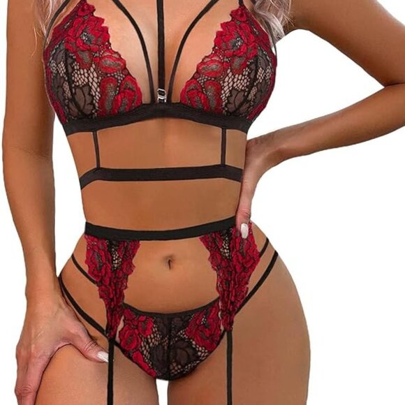 Lace Garter Lingerie Set W/Removable Choker Teddy Babydoll Strappy Bra&Panty Set - Picture 4 of 5